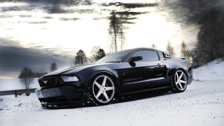 Black mustang snowy road cloudy - matte finish free wallpaper