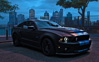 Black mustang city skyline night 3 - a black mustang mustang free wallpaper