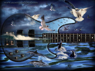 Guitar birds water boat painting - surrealism free wallpaper