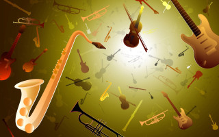 Musical instruments circle green notes - composition free wallpaper