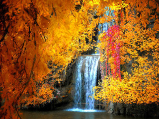 Waterfall autumn leaves foliage impressionist - the fall season free wallpaper