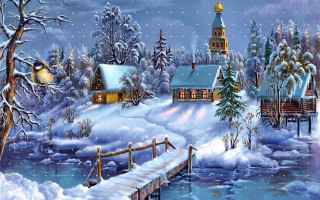 Snowy winter church bridge river 5 - kinkade free wallpaper
