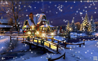 Snowy night house bridge snowflakes - a computer free wallpaper