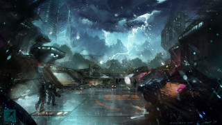 Man city street cloudy sky - cinematic concept art free wallpaper