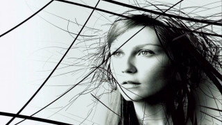 Woman longhair blackandwhite fence powerlines - a blurry background of branches free wallpaper
