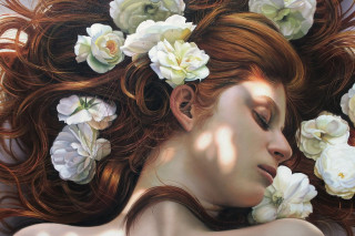 Woman flowers hair eyes closed - a hyperrealistic painting free wallpaper