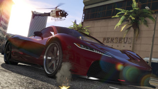 Red sports car tall building - a helicopter free wallpaper