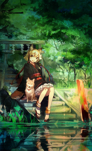 Woman bench dog forest cat - anime art free wallpaper