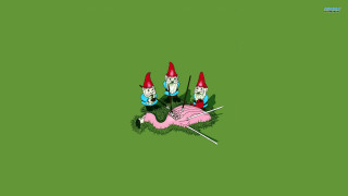Gnomes flamingo sitting green background - ecological art free wallpaper