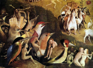 Birds people forest painting group - left free wallpaper