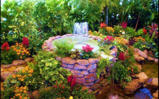 Garden fountain flowers plants rocks - cherryl fountain free wallpaper