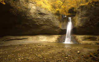 Waterfall cave pool yellow tree - long exposure free wallpaper