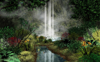 Waterfall tropical forest stream flowers - tropical free wallpaper