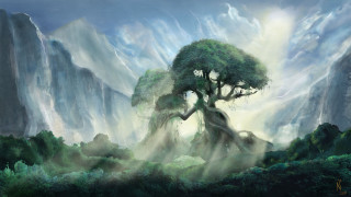 Tree mountain fog painting nature - christophe vacher free wallpaper