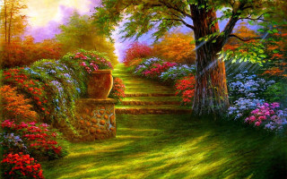 Garden flowers trees path bench - the background and a path free wallpaper