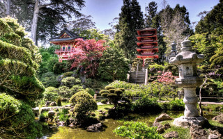 Garden pond pagoda bridge autumn - bush free wallpaper