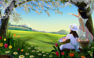 Girls picking flowers basket field 3 - two girl free wallpaper