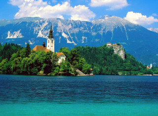 Island church lake mountains blue 2 - the middle of a lake free wallpaper
