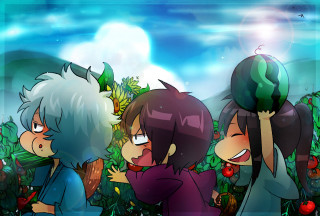 Three cartoon characters field plants - a green apple free wallpaper