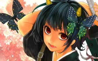 Girl horns gun butterfly wings - her shoulder free wallpaper