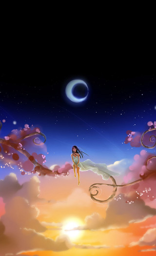 Woman flying clouds crescent sky - sky free wallpaper