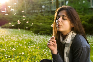 Woman dandelion blowing outdoors cherry - her mouth free wallpaper