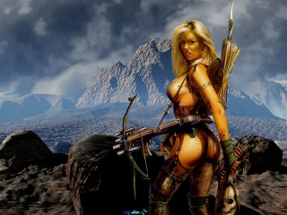 Woman bow arrow desert mountains - matte fantasy painting free wallpaper for desktop