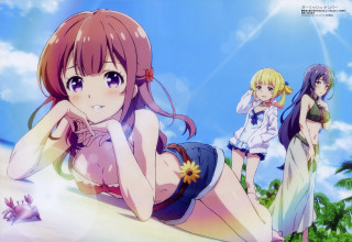 Anime girls laying blue sky - the ground in front free wallpaper