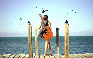 Woman dock guitar birds flying - a dock free wallpaper