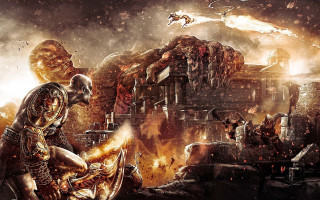 Man armor kneeling fire demon - scene free wallpaper