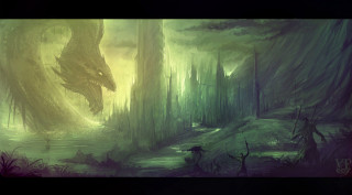 Dragon forest river trees painting - matte fantasy painting free wallpaper