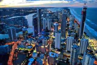 City night tall buildings beach - aerial free wallpaper
