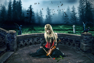 Woman sitting wall violin forest - dark fantasy art free wallpaper
