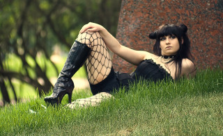 Woman black dress boots sitting - black dress free wallpaper