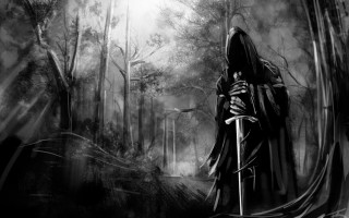 Man hooded robe sword forest - tree and fog in the background free wallpaper