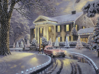 Car snowy road christmas tree - kinkade free wallpaper