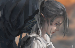 Woman black bird white shirt - bayard wu free wallpaper