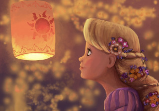 Girl looking paper lantern sky - a storybook illustration free wallpaper for desktop