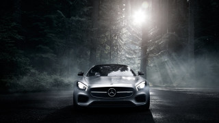 Mercedes sports car forest night 2 - photorealistic lighting free wallpaper