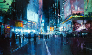 City street night people walking 3 - a painting of a city street free wallpaper