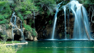 Waterfall lake forest impressionist nature - a log free wallpaper