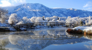 Bridge river mountain snow trees - beautiful scenery free wallpaper
