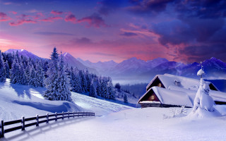 Snowy mountain cabin fence pink 3 - beautiful landscape free wallpaper
