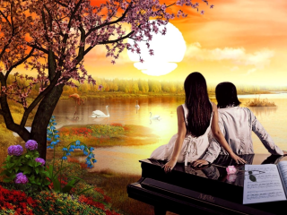 Couple piano lake sunset swan - a couple sitting free wallpaper