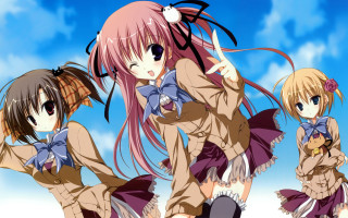 Anime girls short skirts posing - a picture together in front free wallpaper