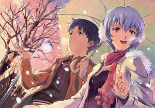 Anime characters umbrella snow trees - a detailed painting free wallpaper