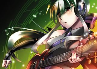 Woman headphones guitar hand music - official art free wallpaper for desktop