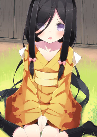 Woman yellow dress sitting crossed - her eye free wallpaper