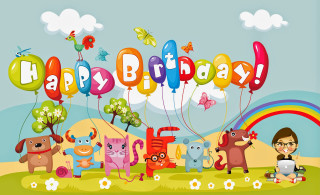 Cartoon birthday card animals balloons 4 - a pastel free wallpaper