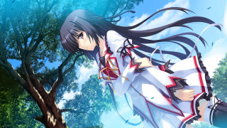 Girl white dress tree long - flowing hair free wallpaper